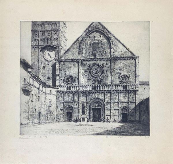 Exceptional work in Etching signed Mary Cassatt (1844- 1926) depicting S.Rufino cathedral of Assisi multiple 8/30 420 x 400 mm
