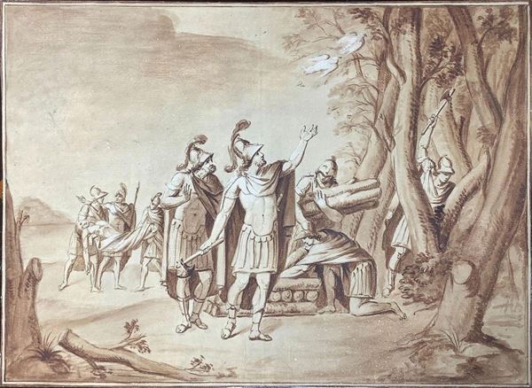 ink drawing depicting a sepia and white lead preparation of the pile for the funeral of Hector, the circle Tiepolo (1696-1770). 425 x 310 mm