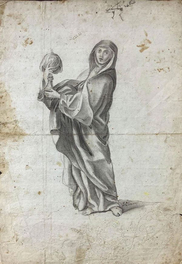 Disegno a matita su carta raffigurante  Santa Chiara, cerchia di Guido Reni. Con disegni decorativi. 480 x 345 mm