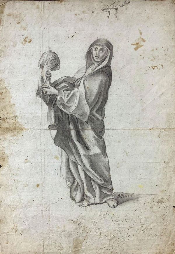 Pencil drawing on paper depicting Santa Chiara, with decorative designs, the unknown circle of Guido Reni. 480 x 345 mm