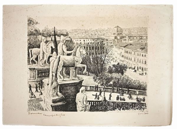 Incisione raffigurante Piazza del Campidoglio (Roma), firmata Corot Jean Baptiste Camille, pittore francese (Parigi 1794-1875) che visse tre anni in Italia, dal 1825 al 1828. Mm 500x700