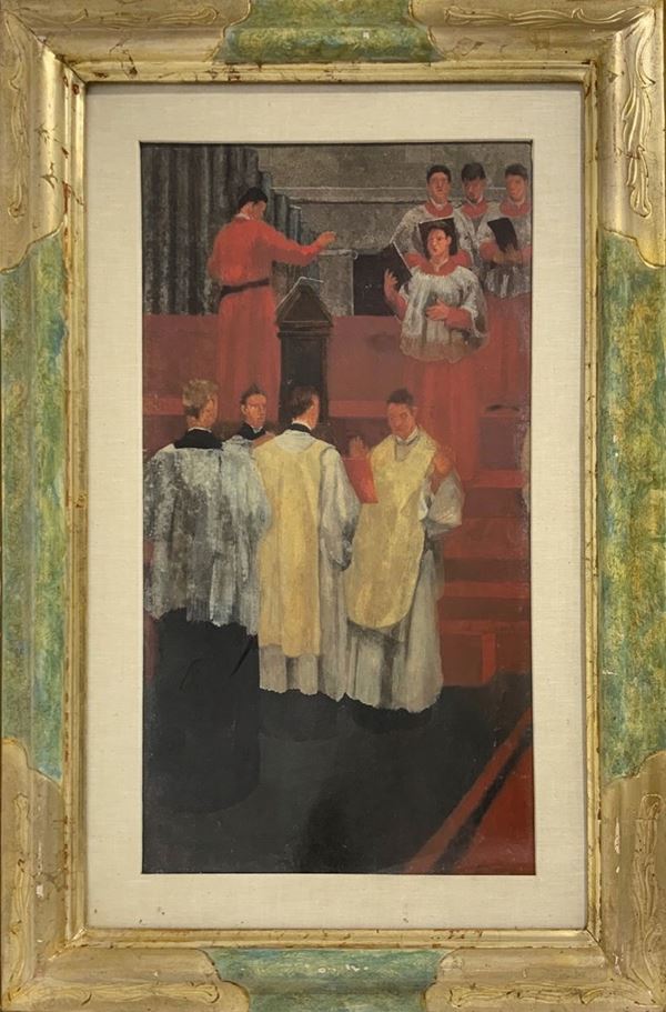 Guglielmo Janni (Roma, 19 novembre 1892 - Roma, 23 gennaio 1958),  dipinto ad olio su cartone pressato raffigurante sacerdoti in preparazione liturgica. Firmato in basso a destra Guglielmo Janni ( - ) e datato sul retro 1937. Cm 33x59,5, in cornice cm 80x53