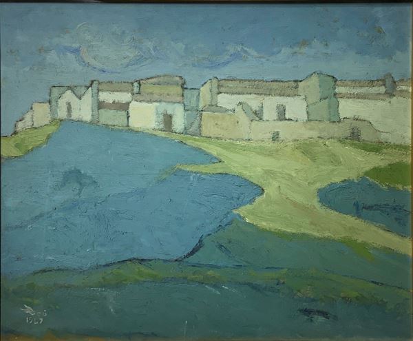 AlicÃ² Giovanni (Catania 1906-1971), Dipinto ad olio su tela raffigurante paesaggio con case. Italia,Firmato in basso a sinistra e datato 1947.


Cm ... 