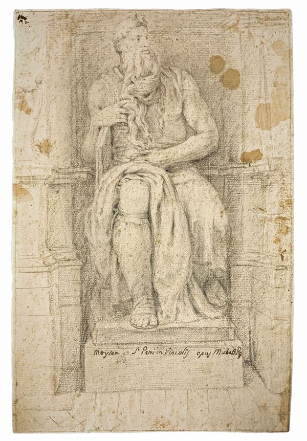Pencil drawing on old paper with watermark vergellata middle of lily, depicting Moses. Written posthumous ink (Moysen St. Petri in Vincolis opus Michelangelo). Mm 340x280.