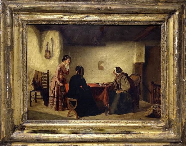 Oil painting on canvas depicting a genre scene in an interior, Dutch painter of the nineteenth century. Cm 33,5x43,5, Oil paint on canvas. signed and dated on the 1898 lower left. J. Lem.  (1898)  - Dipinto ad olio su tela - Auction Eclectic Auction - Casa d'aste La Rosa