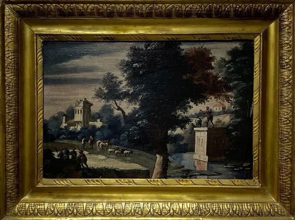 Dipinto ad olio su tela raffigurante paesaggio con personaggi e armenti. Pittore del XVII secolo. Cm 34x49,5 olio su tela