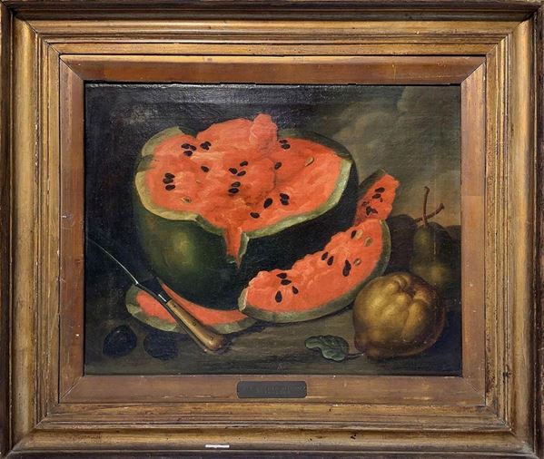 Oil painting on canvas depicting still life of watermelon and pears. Attributed to Luis Egidio MelÃ © Ndez (1716-1780).

39x48.5 cm