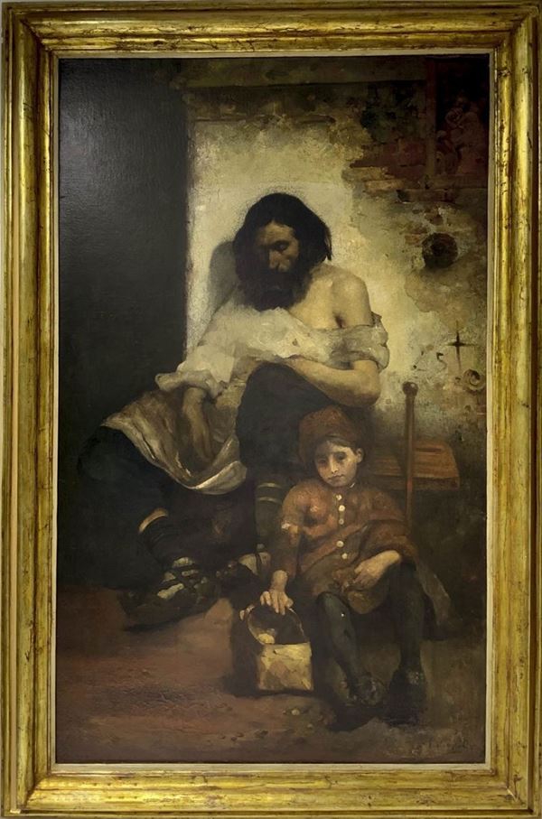 Olio su tela raffigurante personaggio con bambino, cm 185 x 120, misure con cornice cm 233 x 167. Firmato in basso a destra Maria Fortuny i Marsal, detto Mariano Fortuny (Reus, 1838 - 1874).
La sua formazione avviene presso la bottega Domènec Soberano e successivamente, nel 1953, frequenta la scuola  di Belle Arti di Barcellona, ove è allevio di Claudio Lorenzale.
Al suo esordii, con committenze religiose e private, riscuote successo e vimc runa borsa di studio di due anni per soggiornare a Ro