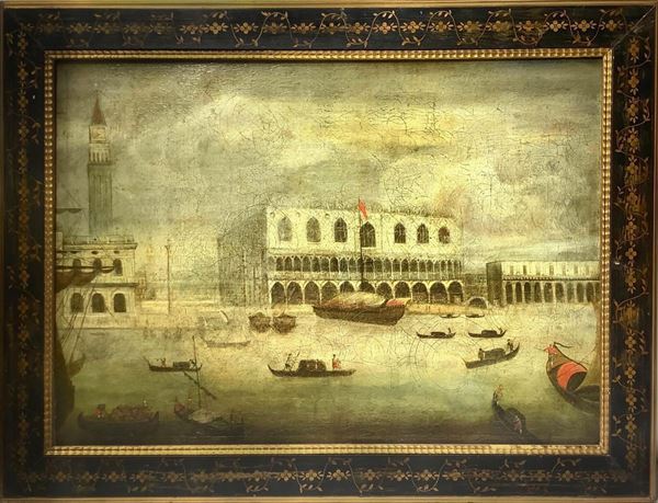 Dipinto ad olio su tela raffigurante Palazzo Ducale di Venezia, XVII/XVIII secolo, anonimo vedutista veneziano .Cm 70x100, in cornice cm 90x120. 