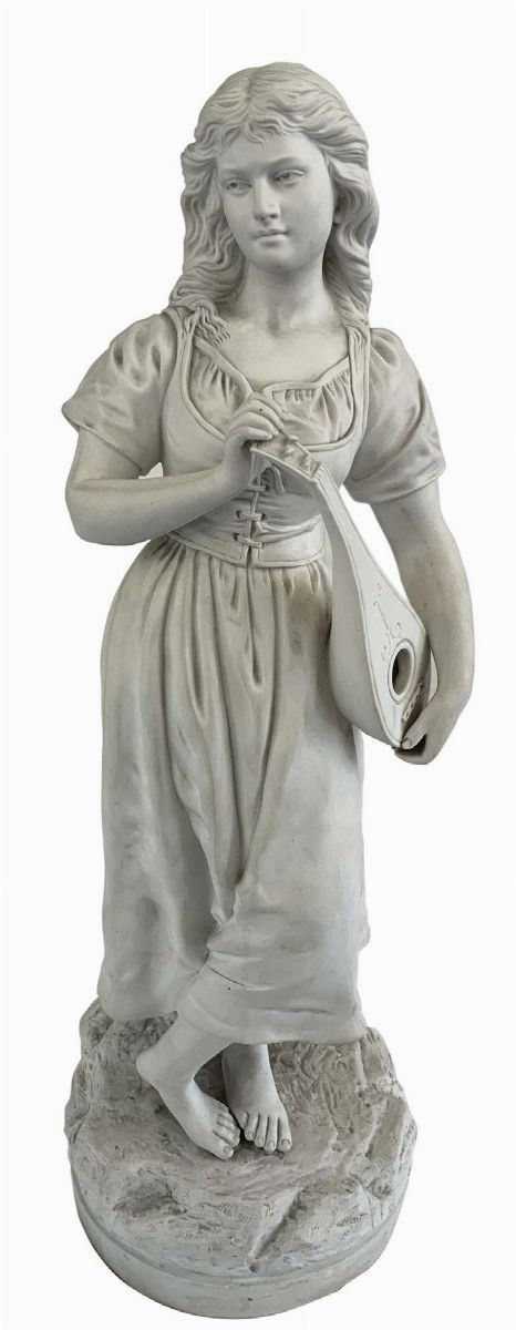 Joseph le Guluche - Giovane donna con strumento musicale, porcellana biscuit bianca