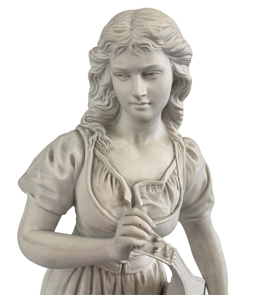 Joseph le Guluche - Giovane donna con strumento musicale, porcellana biscuit bianca