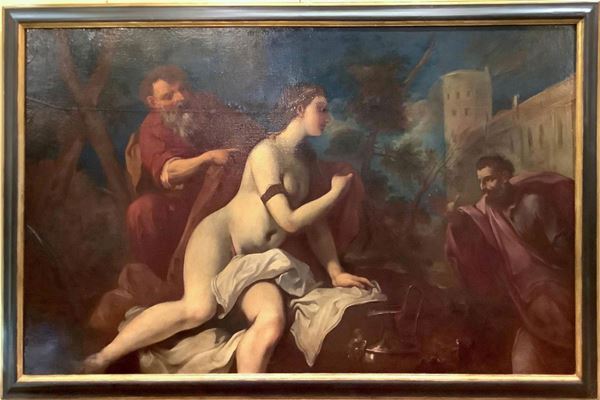 Painter of the seventeenth century Veneto (Antonio Bellucci, Pieve di Soligo, 1654 - Pieve di Soligo, 1726?) Susanna and the Elders 120x194 Oil painting on canvas
