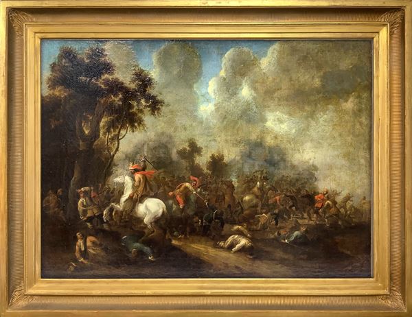 allegedly by Pieter van Bloemen, known as Banner, (Antwerp, January 17, 1657 - Antwerp, 1720), Oil paintinging on canvas depicting a battle scene cm. 84x119. In frame 110x143 cm. Pieter van Bloemen belongs to a family of Flemish painters and designers, active between Italy and France.
In 1673 he became a member of the Guild of Saint Luke in Antwerp and ten years later in Lyon in the company of Dutch artist Adriaen van der Cabel and Gillis Weenix.
Since 1686 lives in Rome, where he joined the "