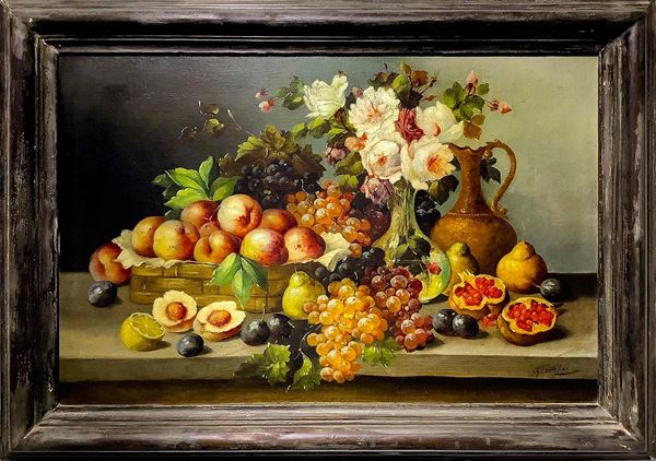 Dipinto ad olio su tela raffigurante natura morta di frutta e fiori, XX secolo. Cm 52x78,5 olio su tela. Firmato in basso a destra