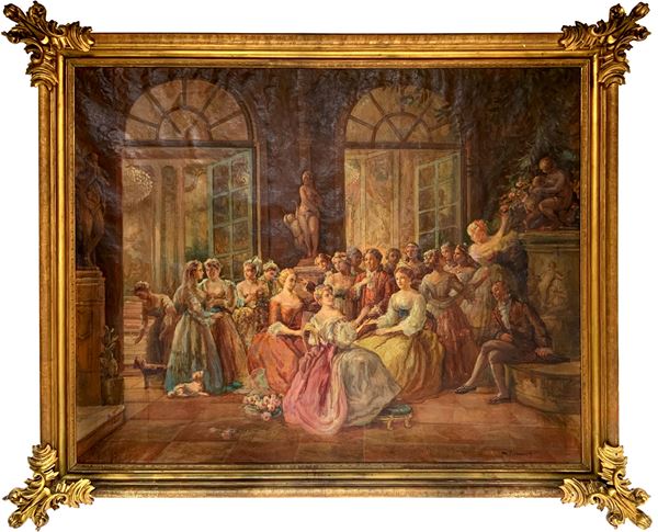 Oil painting on canvas depicting convivial genre scene, signed Mario Siragusa. Cm 162x196. Painting intact, blistering present on the surface