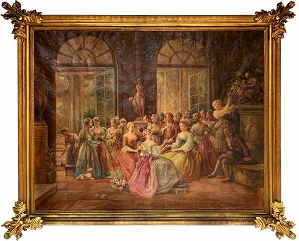 Oil painting on canvas depicting convivial genre scene, signed Mario Siragusa. Cm 162x196. Painting intact, blistering present on the surface