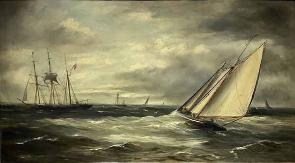 Dipinto ad olio su tela. Barche in mare, pittore del XIX secolo. Cm 45x77.
