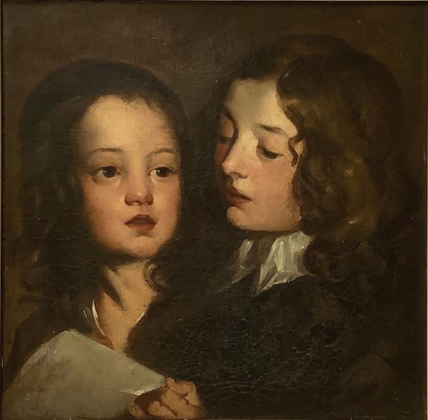 Dipinto ad olio su tela raffigurante viso di ragazzo e ragazza con lettera, pittore della prima metà del XIX secolo. Cm 45x45, in cornice cm 70x70

