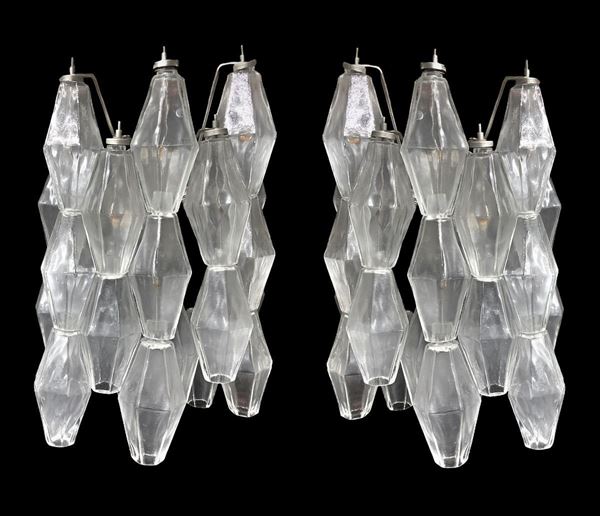 Prod. Venini, designed by Carlo Scarpa, mod, Polyhedra, Applique with lacquered metal structure, a blank with a chrome structure and transparent glass elements. 70's. H 40 cm x28