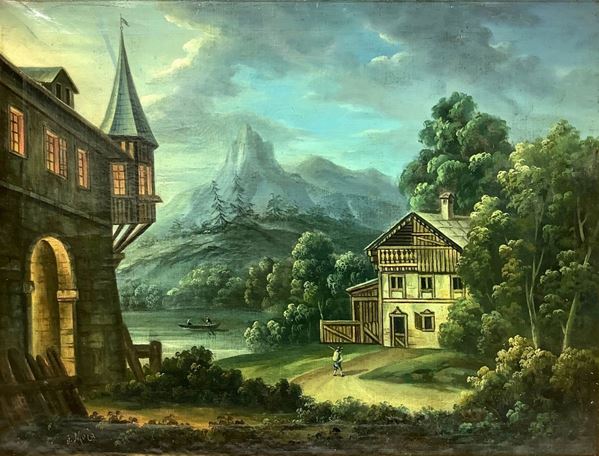 Federico Moja - Oil painting on canvas depicting mountain landscape with lake and cottage, Federico Moja. 48x72 cm, in frame 60x84 cm
