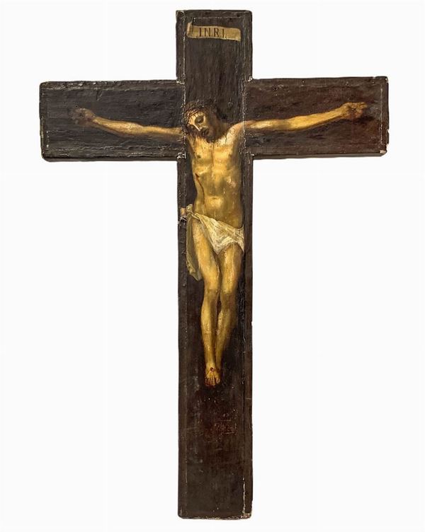 wooden cross with Christ crucified painted polychrome eighteenth century. H 77x52 cm
