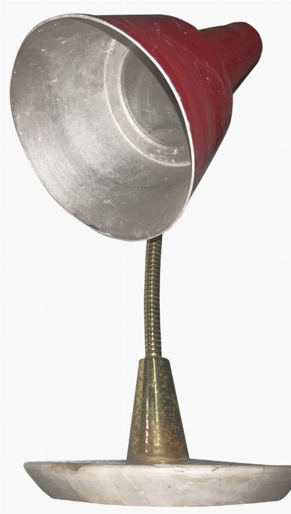 ArredaLuce Monza. Years & Lsquo 50, table lamp, brass structure, red lacquered aluminum diffuser Marble base, signs of use. Cm ...