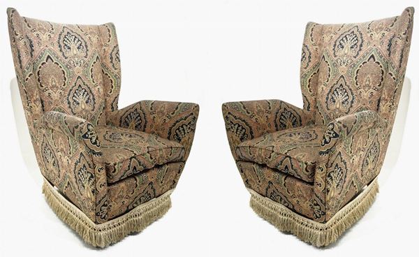 Isa Bergamo, drawing by Gio Ponti. Years & rsquo 50. Pair of armchairs wooden texture fabric coating. Possible cashmere fantasy Gegia ...