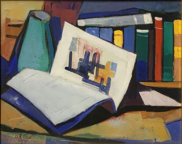 AlicÃ² Giovanni (Catania 1906-1971) Dipinto ad olio su masonite raffigurante natura morta La libreria. Firmato in basso a sinistra AlicÃ² e datato ... 
