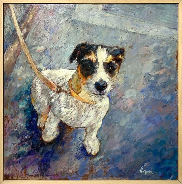 Dipinto ad olio su cartone intelato raffigurante cagnolino "Milano davanti al supermercato". Firmato in basso a destra Ragusa
Cm 50x50
Lucia Ragusa, ... 