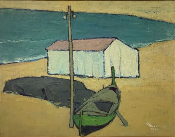 AlicÃ² Giovanni (Catania 1906-1971), dipinto ad olio su tela raffigurante marina con case e barche. Italia,(playa di Catania). Firmato in basso a ... 