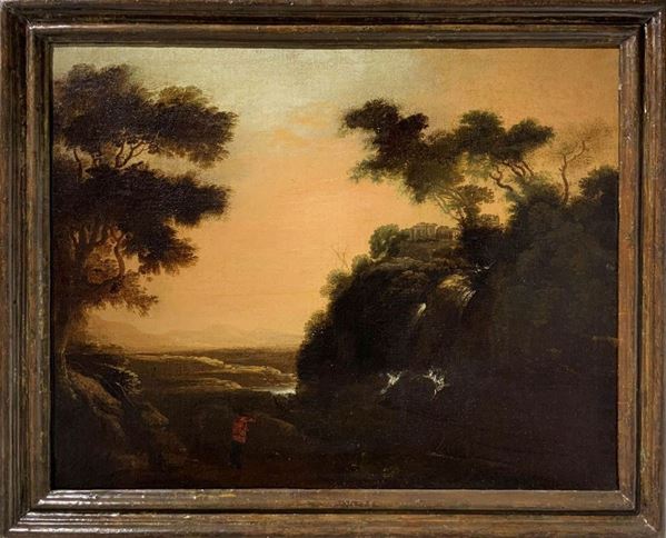 Pittore italiano del XVIII secolo. Paesaggio campestre con cascata (Cascata di Tivoli). Cm 61x75. XVIII secolo,
Cm 61x75