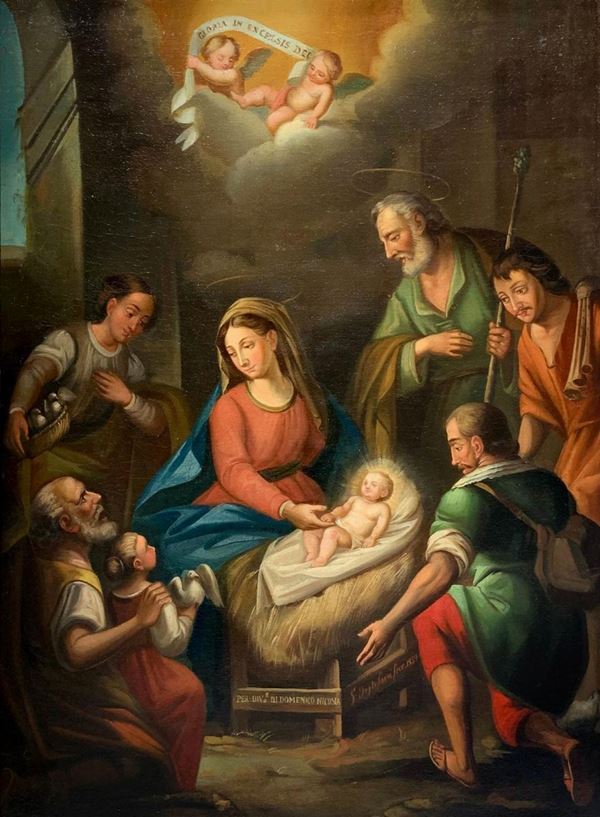 Dipinto ad olio su tela, capezzale raffigurante "Adorazione dei pastori", XIX secolo. Cm 80x60. Firmato e datato Destefani 1859 in basso a destra.
