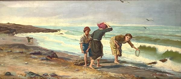 Dipinto ad olio su tela raffigurante donne in riva al mare, firmato in basso a destra G. Biagini da Genova e datato 1905. Cm 45x100. In cornice cm 60x115