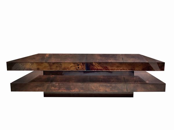 Prod.Aldo Tura, coffee table with coating wood structure in acrilicata parchment in shades of brown, retractable compartment paneled bar mirror. Signs of use
