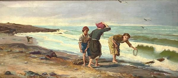 Dipinto ad olio su tela raffigurante bambini in riva al mare, firmato in basso a destra G. Biagini da Genova e datato 1905. Cm 45x100. In cornice cm 60x115
