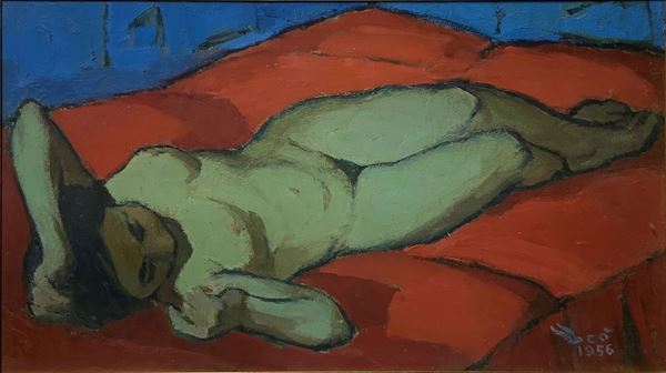 AlicÃ² Giovanni (Catania 1906-1971), Dipinto ad olio su tela raffigurante nudo di donna sdraiato. Italia,Firmato in basso a sinistra e datato ... 