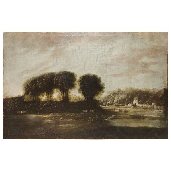 Paesaggio bucolico con casa sul lago