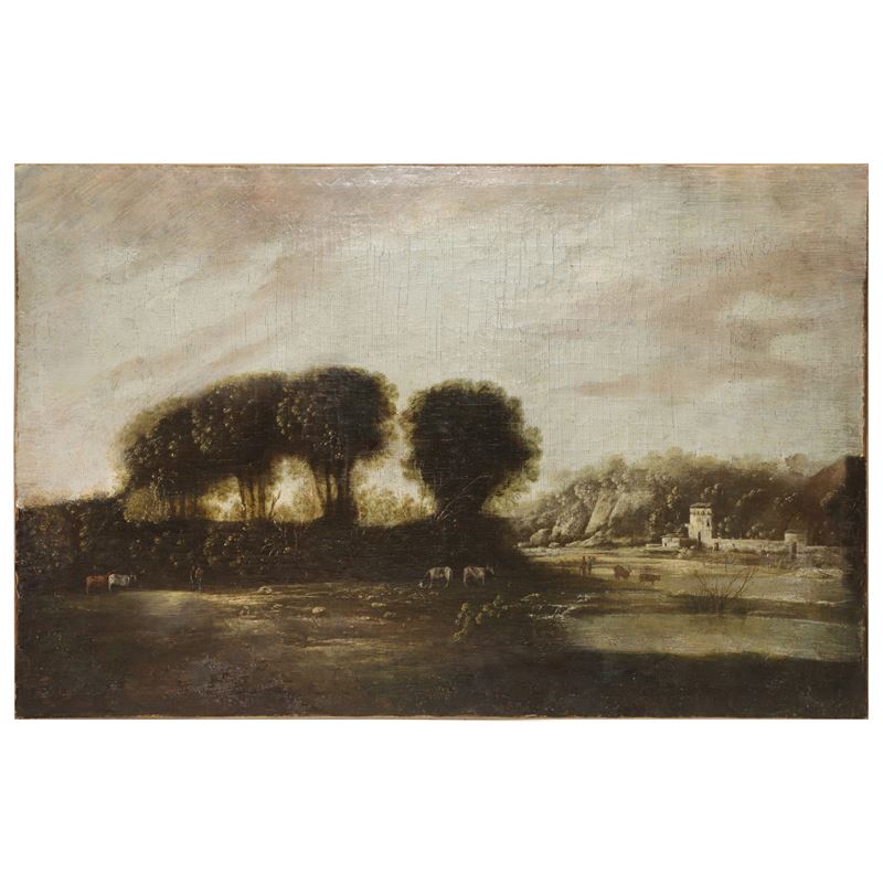 Paesaggio con costruzioni e armenti