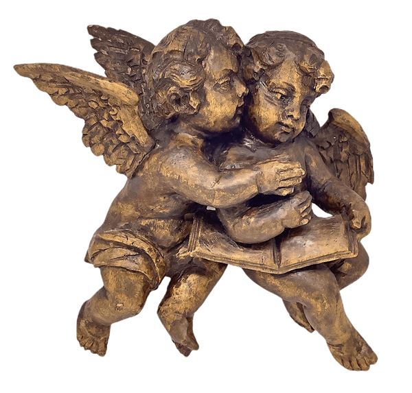 Pair of wooden angels, eighteenth century. Cm 30x24