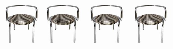 Italian Production at Poltronova style. Group of four chairs with tubular structure bent metal and chrome, seat upholstered in fabric "Dacron" decorum micro pattern. 70's.