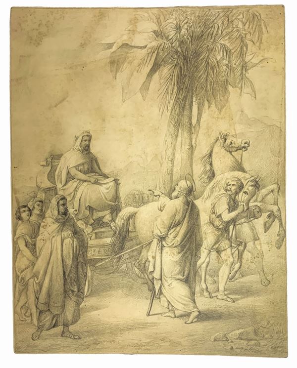 Pencil drawing on paper, depicting the character of wagon with horses and with the Holy stick. Early nineteenth century. mm 225x180