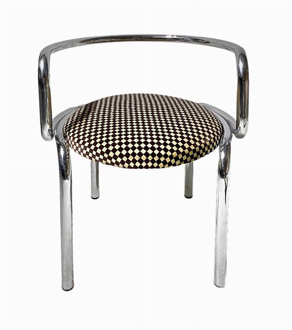 Italian Production at Poltronova style. Group of four chairs with tubular structure bent metal and chrome, circular seat padded and covered in fabric "Dacron" decorum micro pattern. Years 70. H 65 cm, L 56 cm, 46 cm sitting d