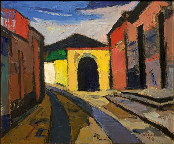 Alic&ograve  Giovanni (Catania 1906-1971)Dipinto ad olio su tavola raffigurante strada di paese con case. (Aci Sant'Antonio)ed Etna in prospettiva. ... 