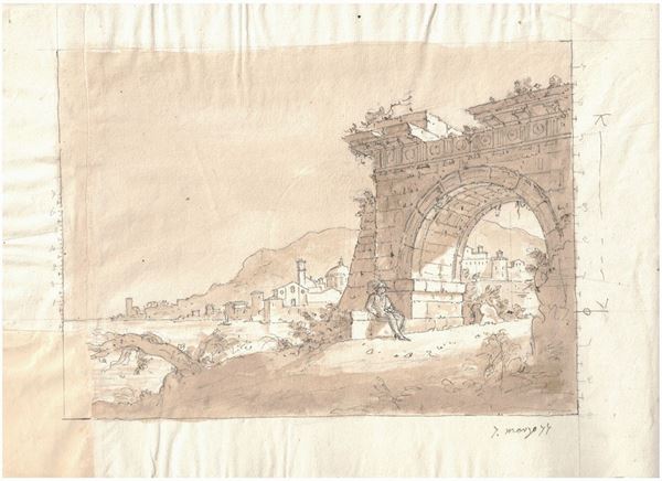 City arched entrance door with seated character