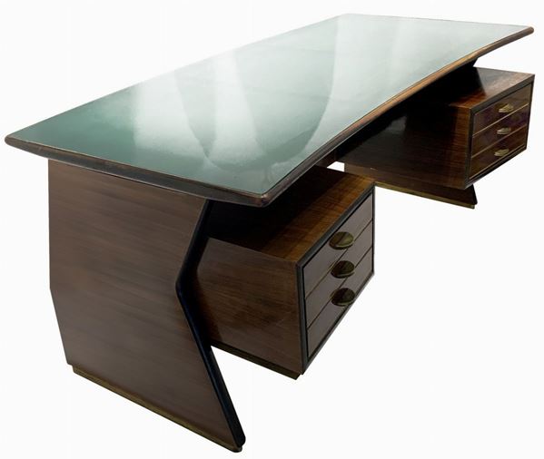 Desk, the permanent cantÃ¹, attributable to Guglielmo Ulrich. Years â € ~50. Important wood desk. From aerodynamic shapes, glass top ...