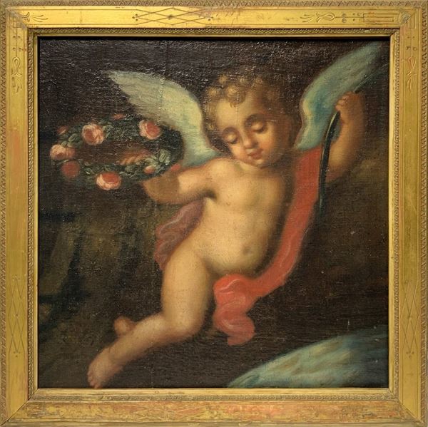 Dipinto ad olio su tela raffigurante Cupido con arco e corona di fiori. Pittore genovese del XVII secolo. Presente vecchio rintelo Cm 50x50