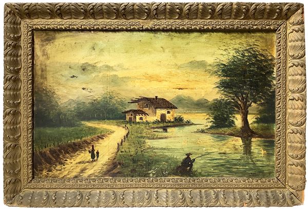 Paesaggio fluviale con pescatore e strada lungo il fiume con passanti