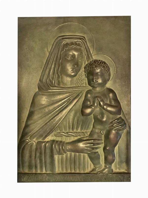 Carlo Andreoni - Placca in fusione di bronzo patinato raffigurante madonna con bambino stilizzati
