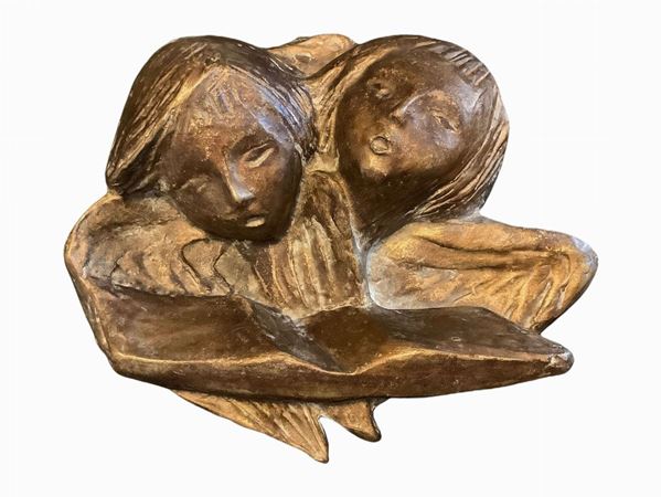 Fantecchi - Bronze finish terracotta plaque depicting stylized cherubs