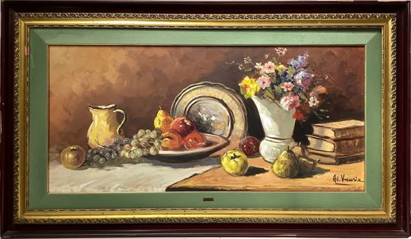 Still life of fruit and flowers with books